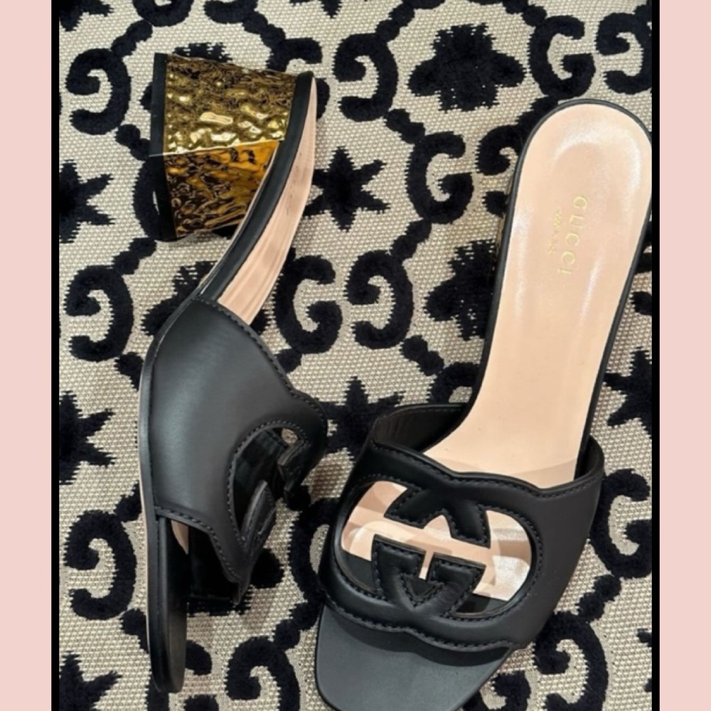 Gucci Black Mules with Gold Textured Heel - Picture 1 of 4